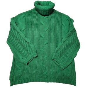 Womens Cable Knit Turtleneck Sweater Green Chunky‎ Oversized Knitwear